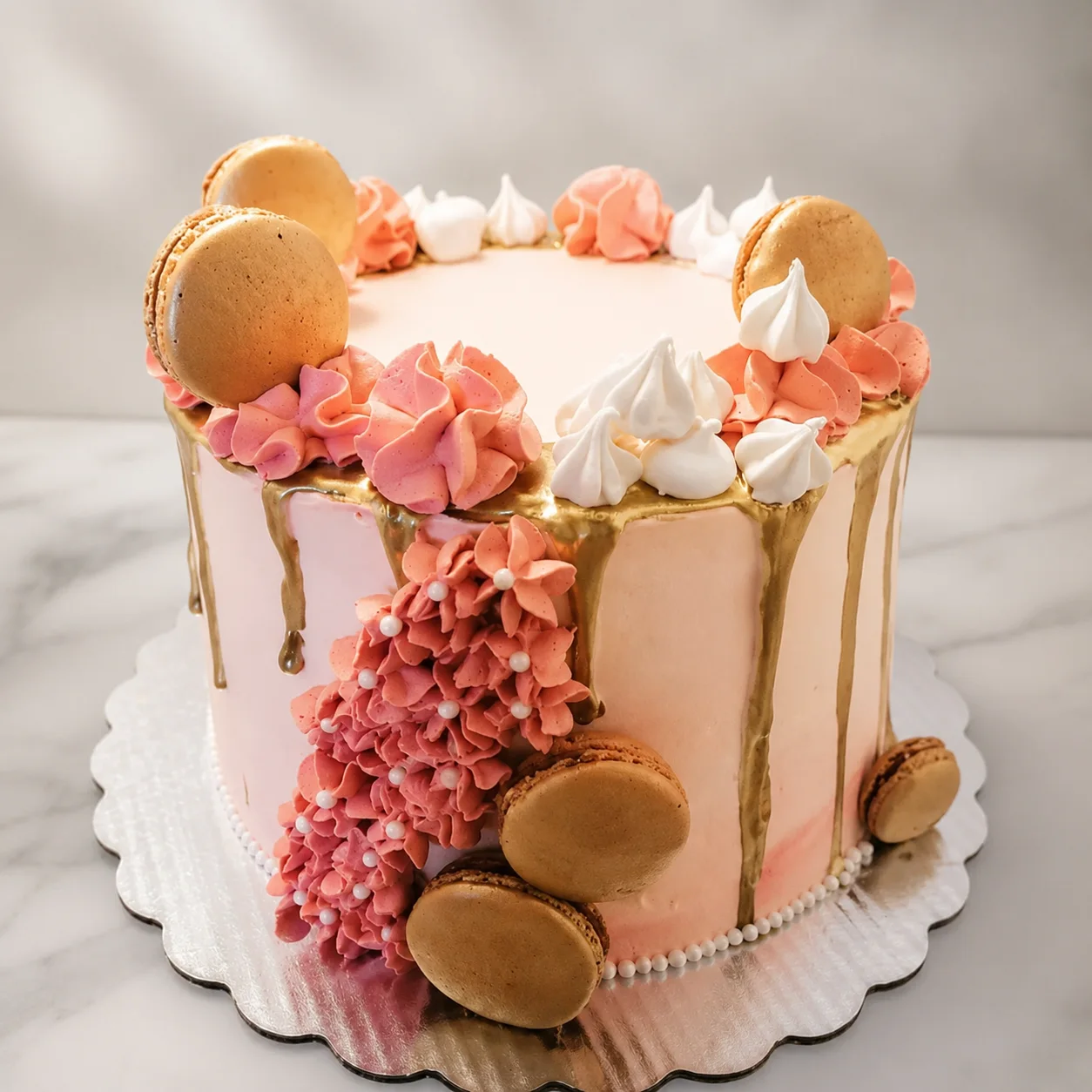 Pink celebration cake decorated with macarons, piped flowers, meringues, and gold drip